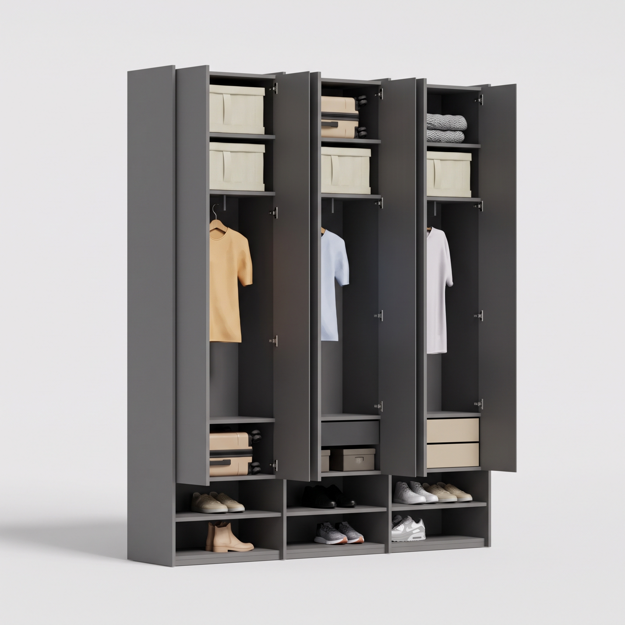 Wardrobe in Dust Grey, three columns — internal drawers and rail