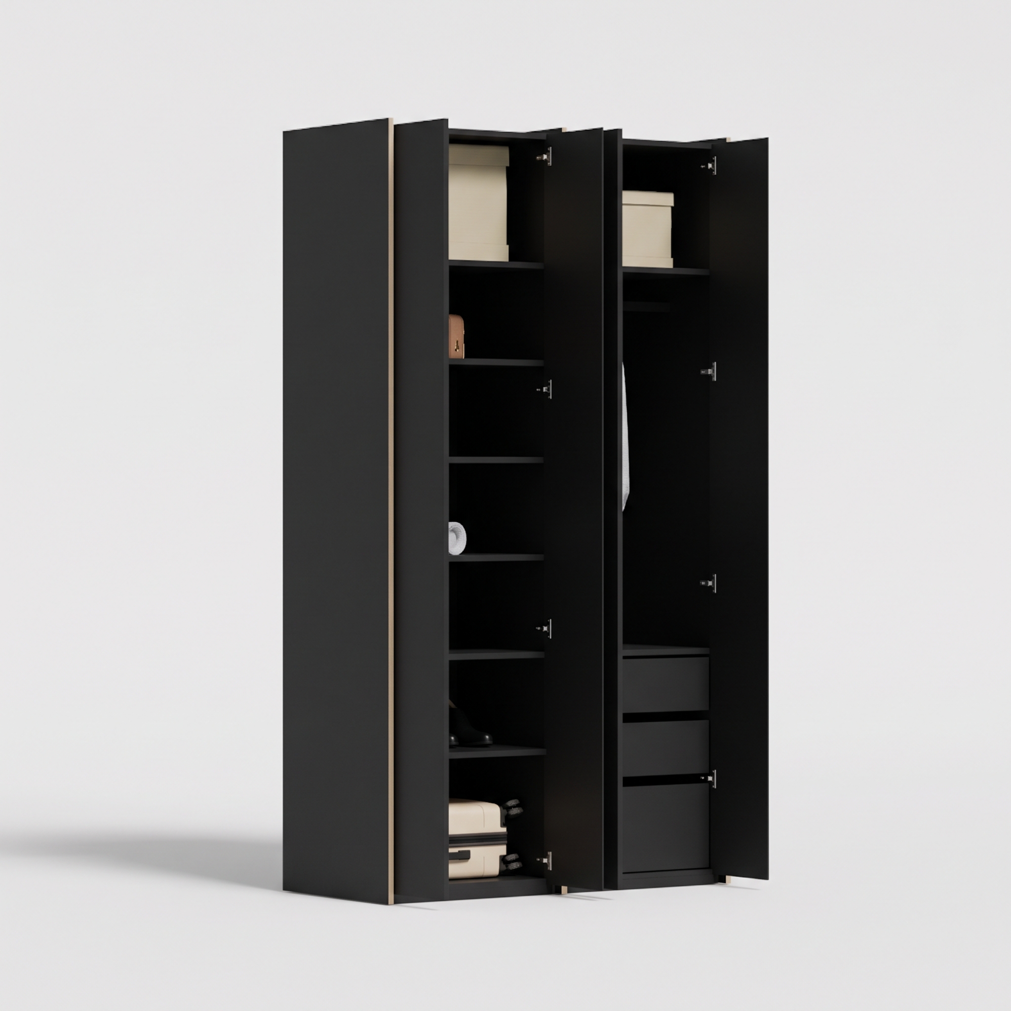 Wardrobe in Black, two columns — internal drawers and rail