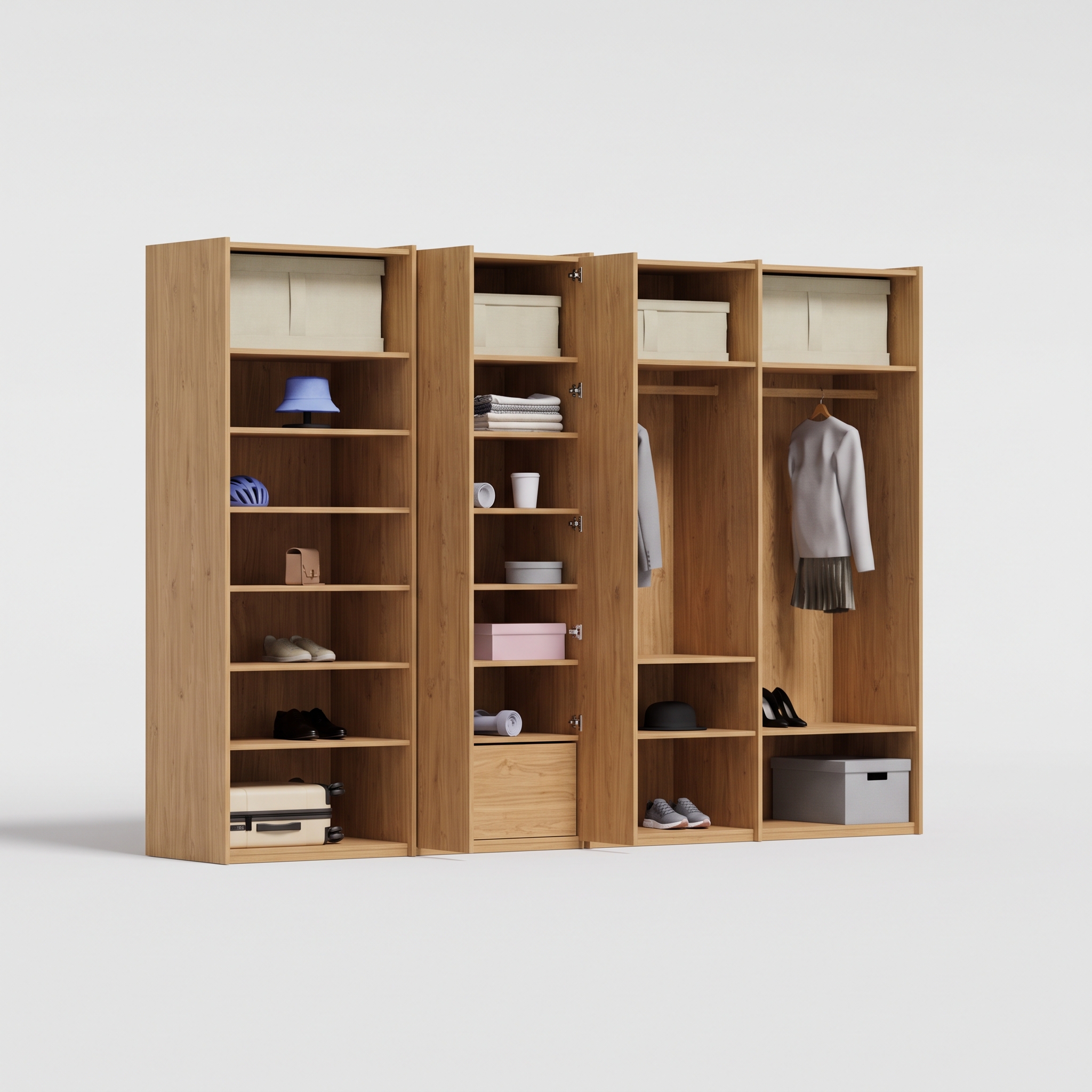 Wardrobe in Oiled Kendel Oak, four columns — internal drawers and rail
