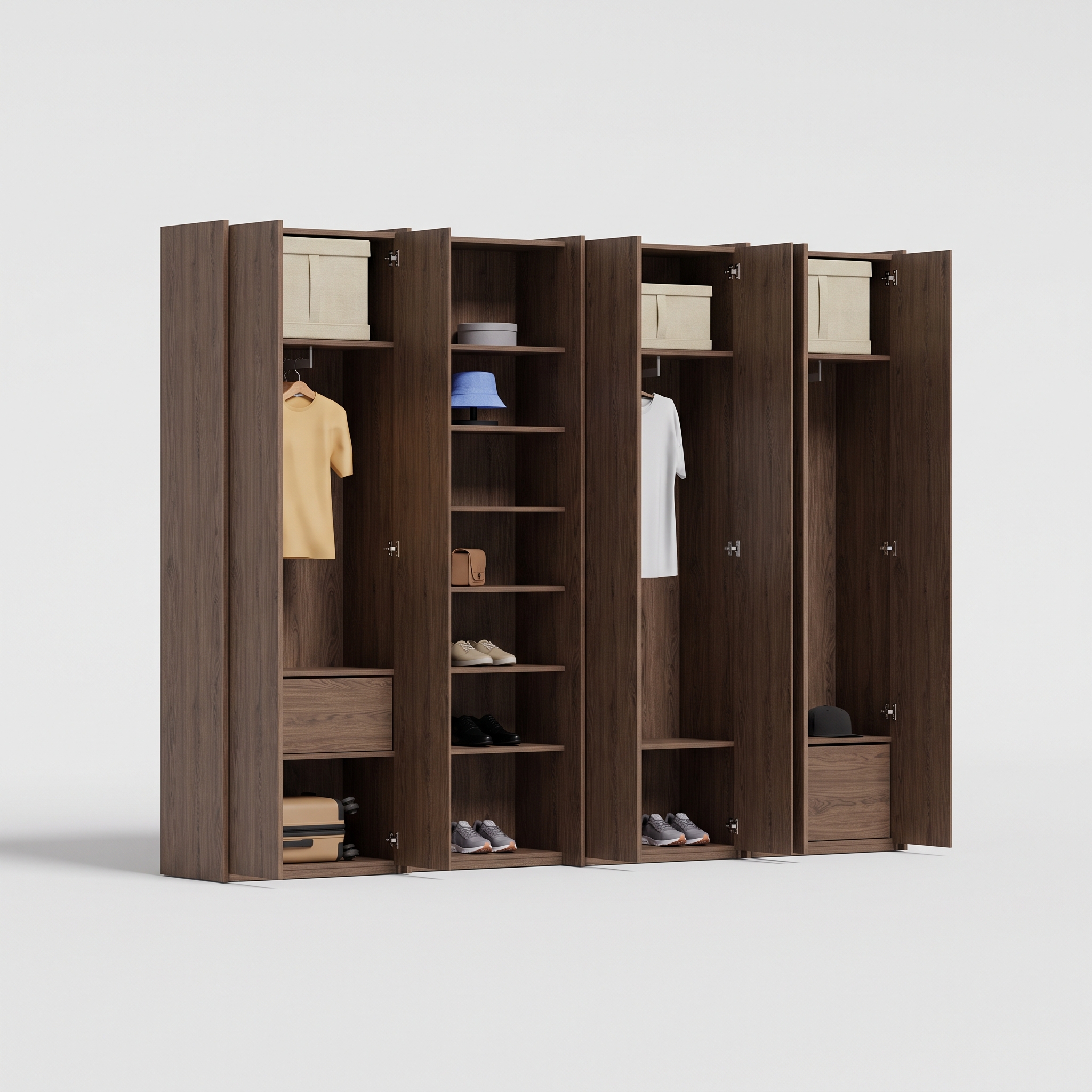 Wardrobe in Walnut, four columns — internal drawers and rail
