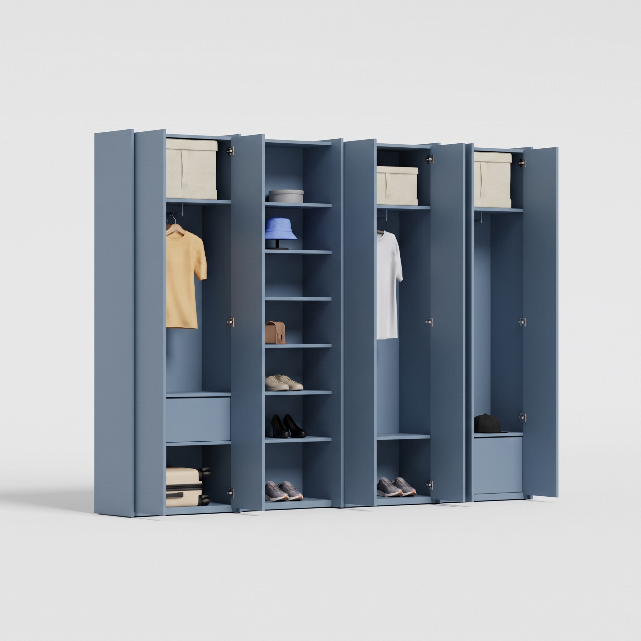 Wardrobe in Denim Blue , four columns — internal drawers and rail