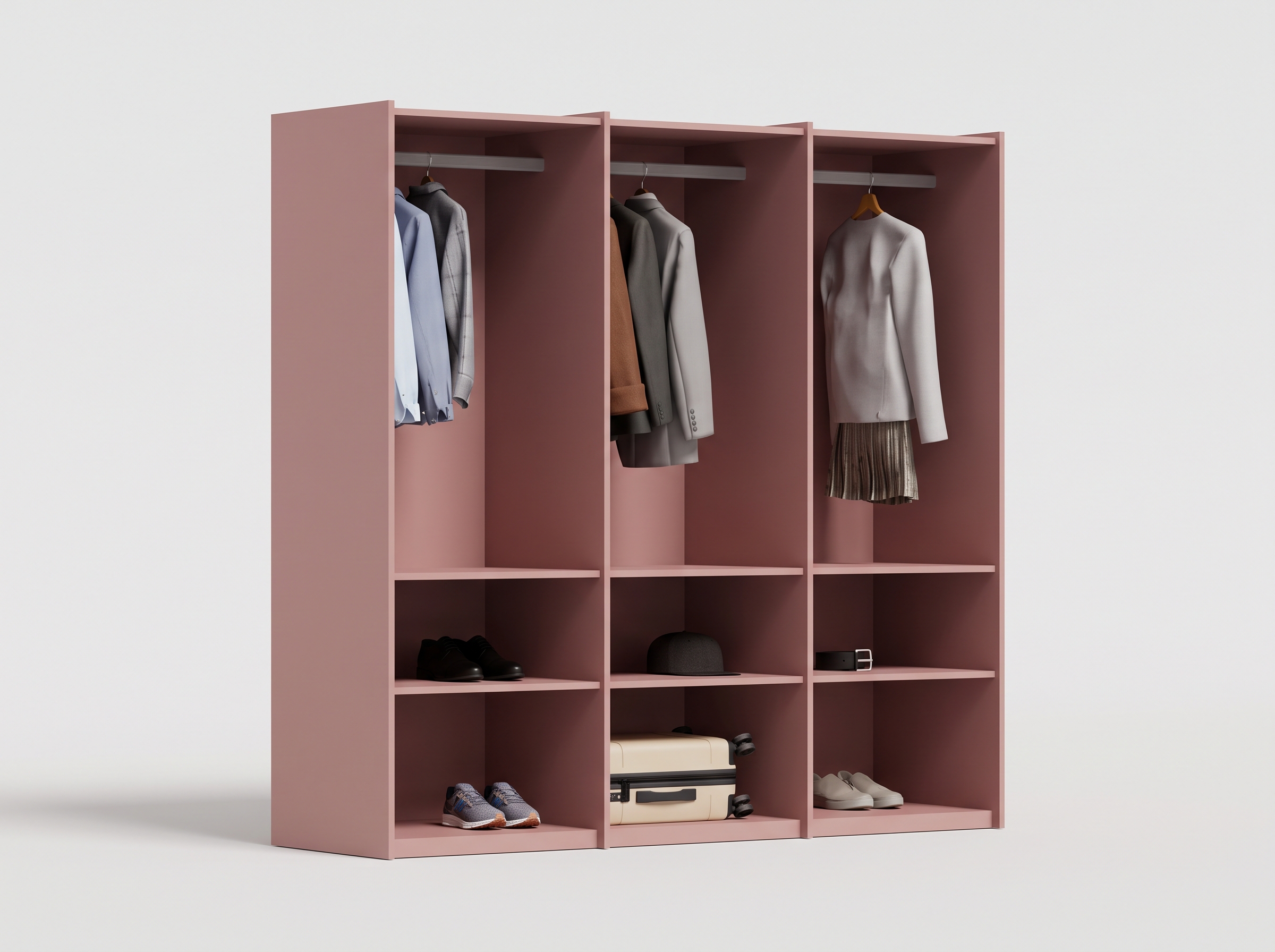 Wardrobe in Antique Rose, three columns — rail
