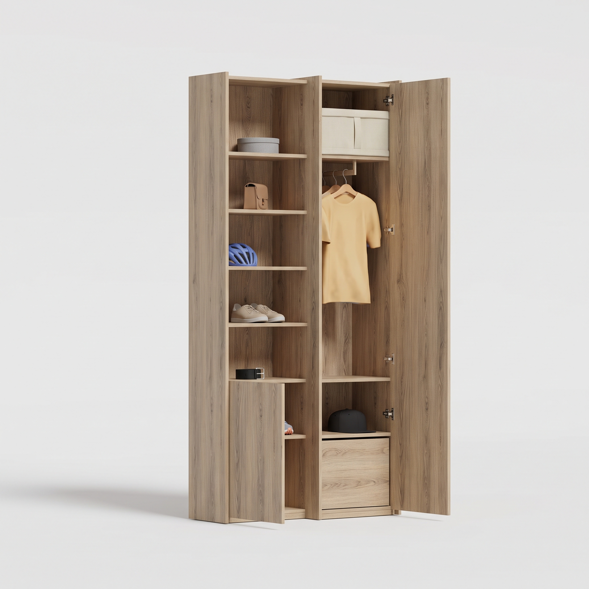 Wardrobe in Sand Oak, two columns — internal drawers and rail