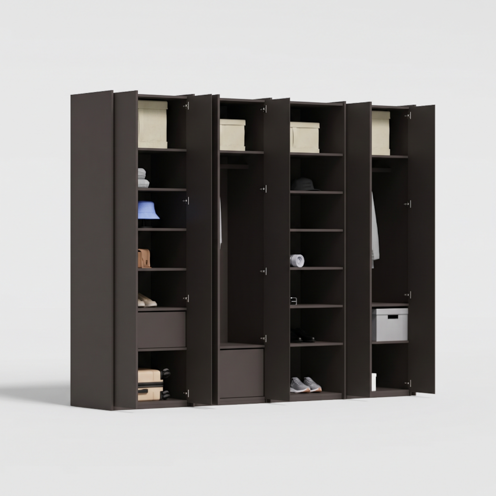 Wardrobe in Graphite Grey, four columns — internal drawers and rail