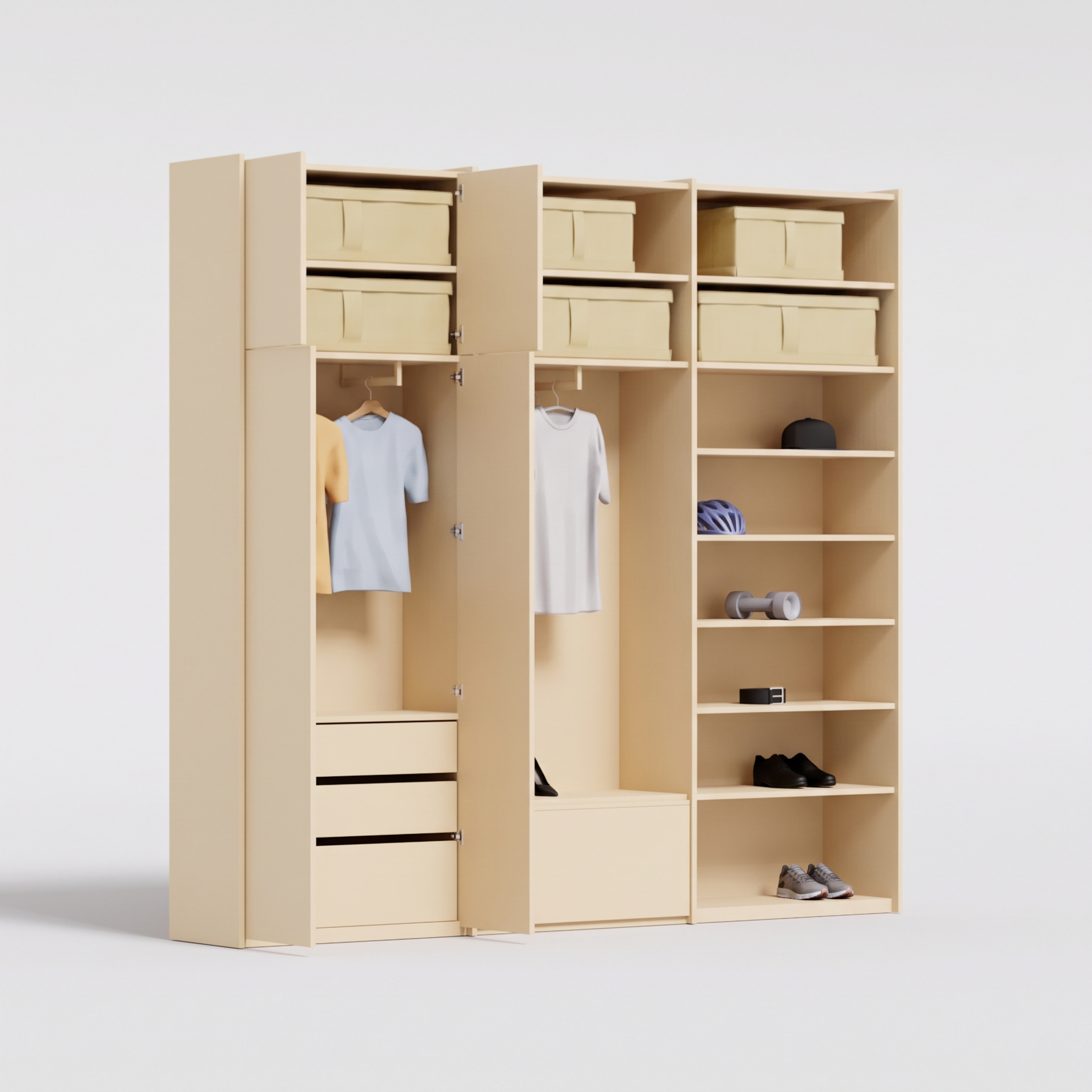 Wardrobe in Carat Beige, three columns — internal and external drawers