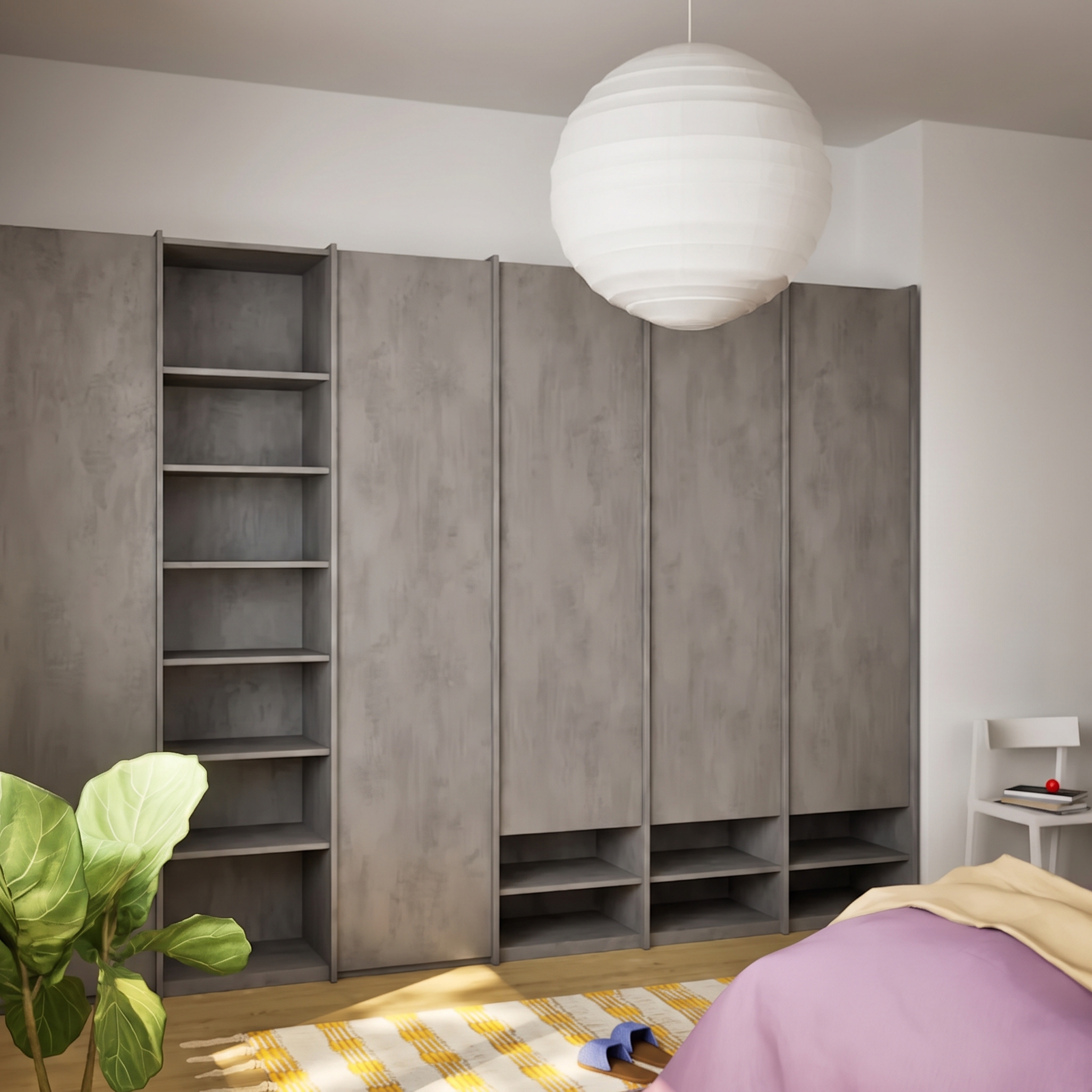 Wardrobe in Chromix Silver, six columns — internal drawers and rail