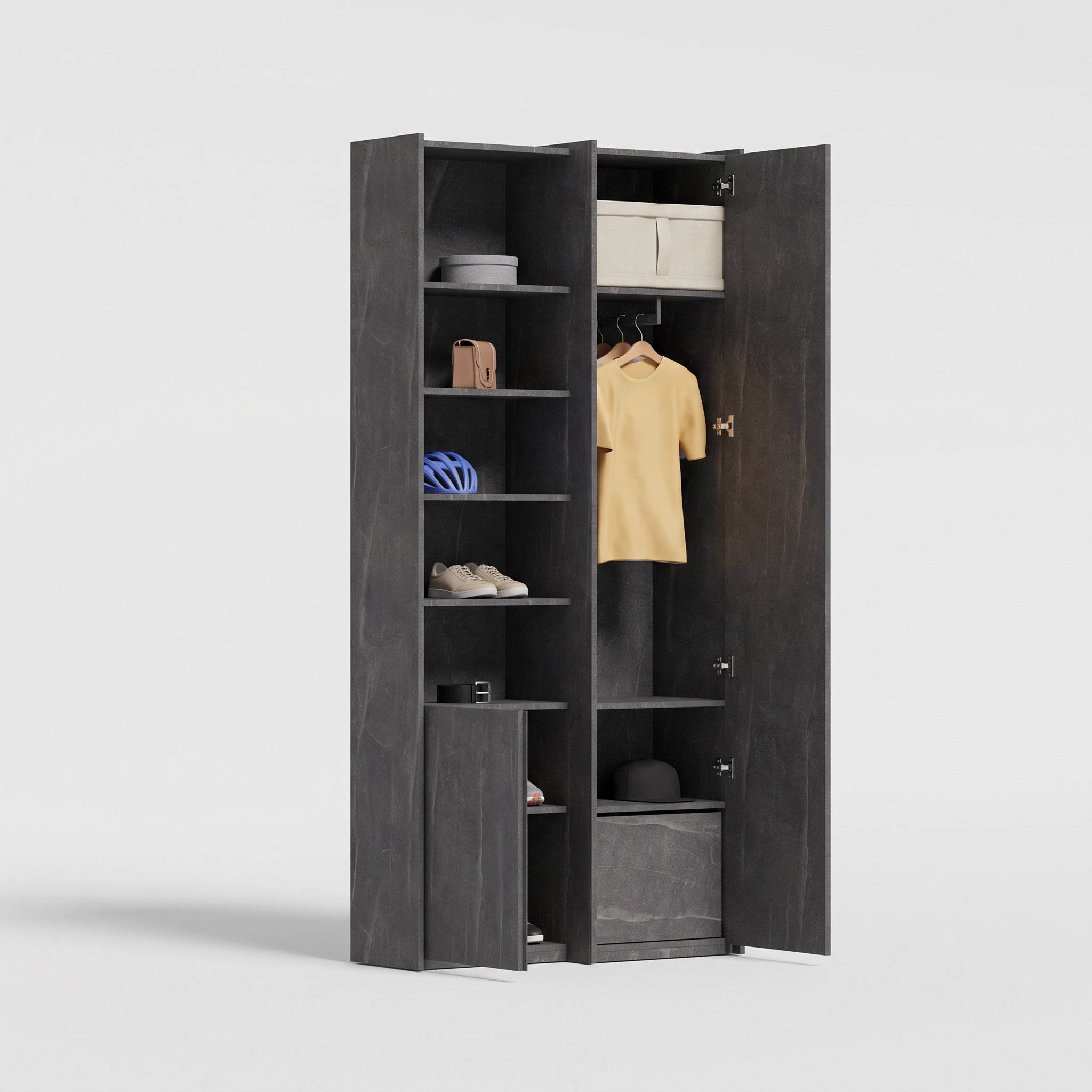 Wardrobe in Anthracite Candela Marble, two columns — internal drawers and rail