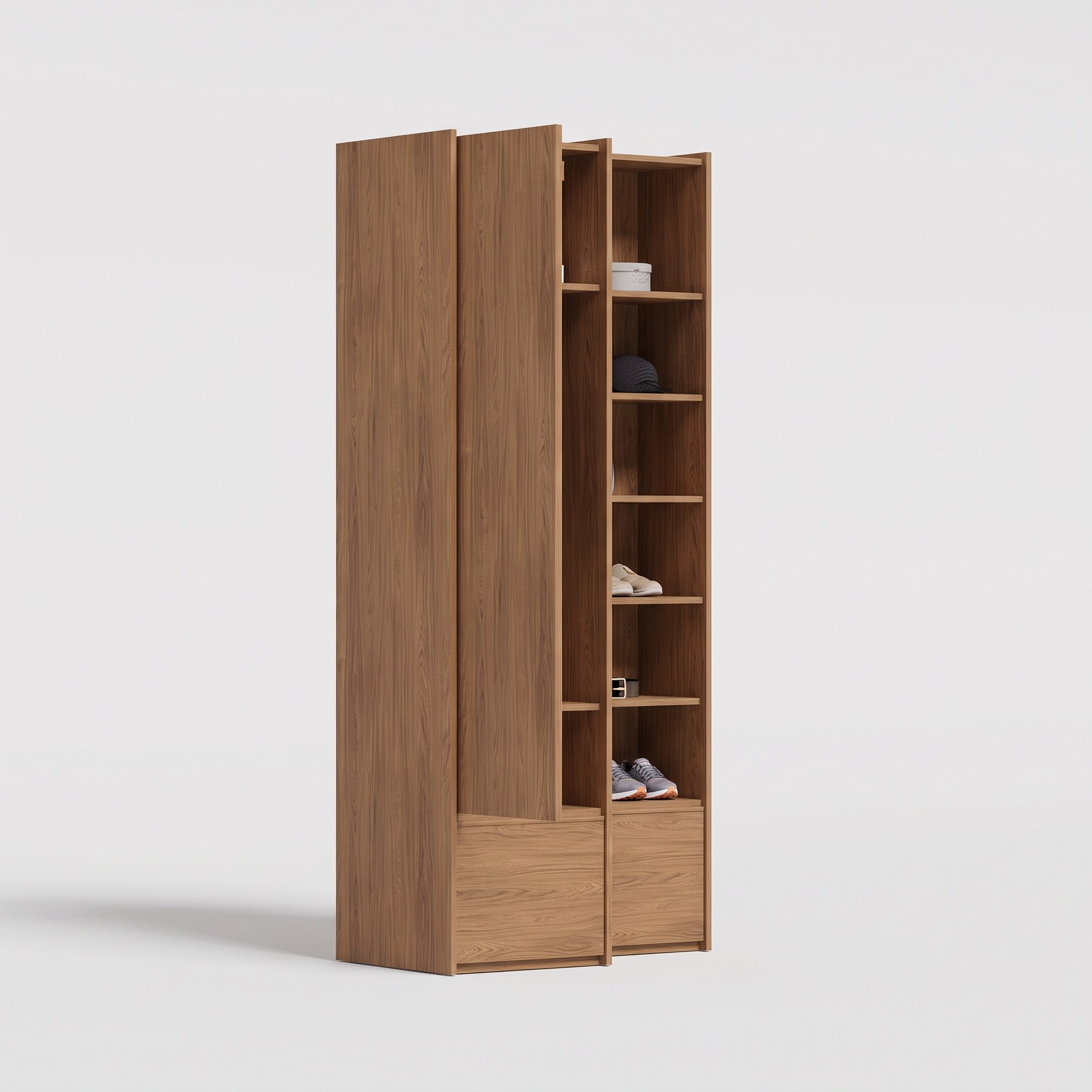 Wardrobe in Brown Casella Oak, two columns — external drawers and rail