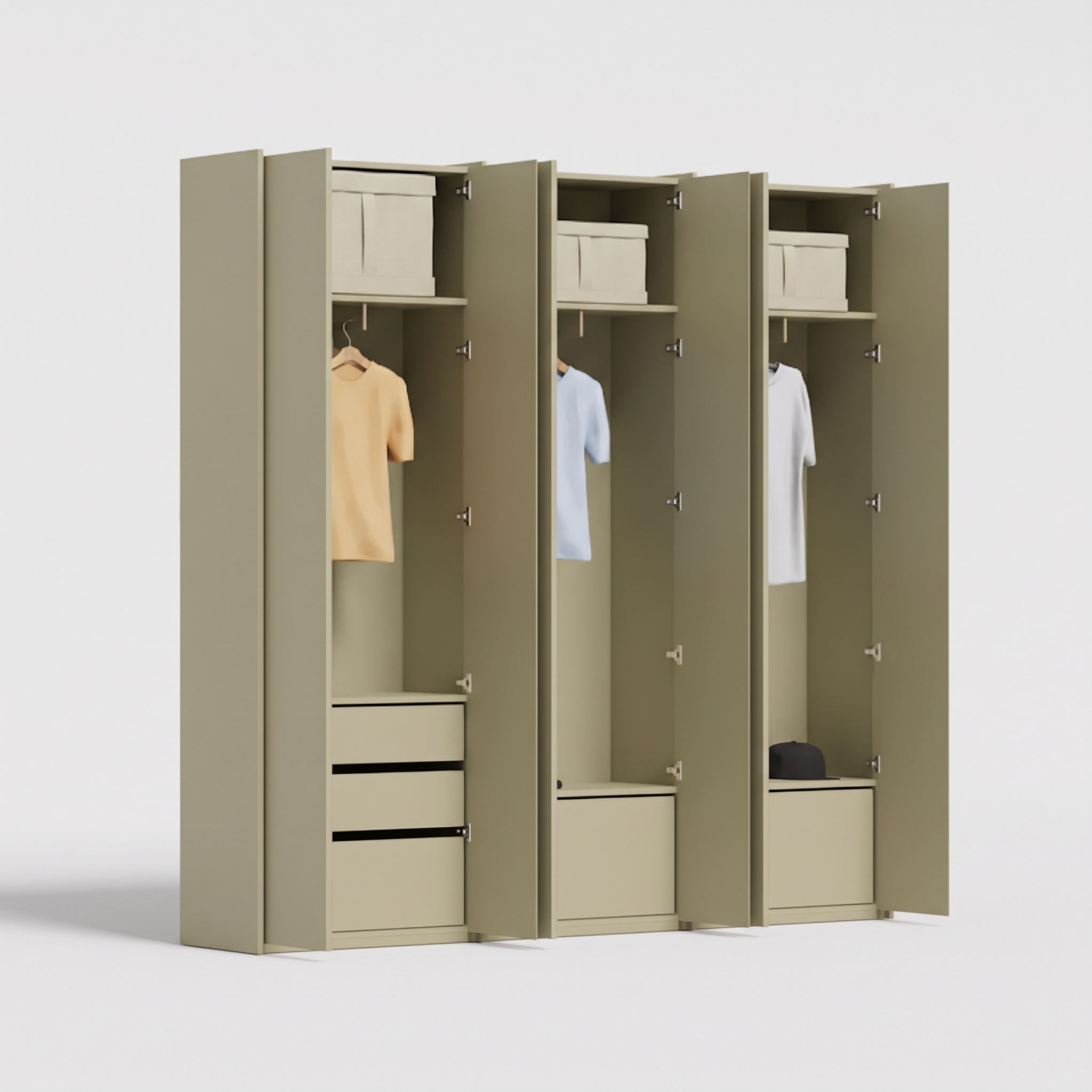 Wardrobe in Sage Green, three columns — internal drawers and rail