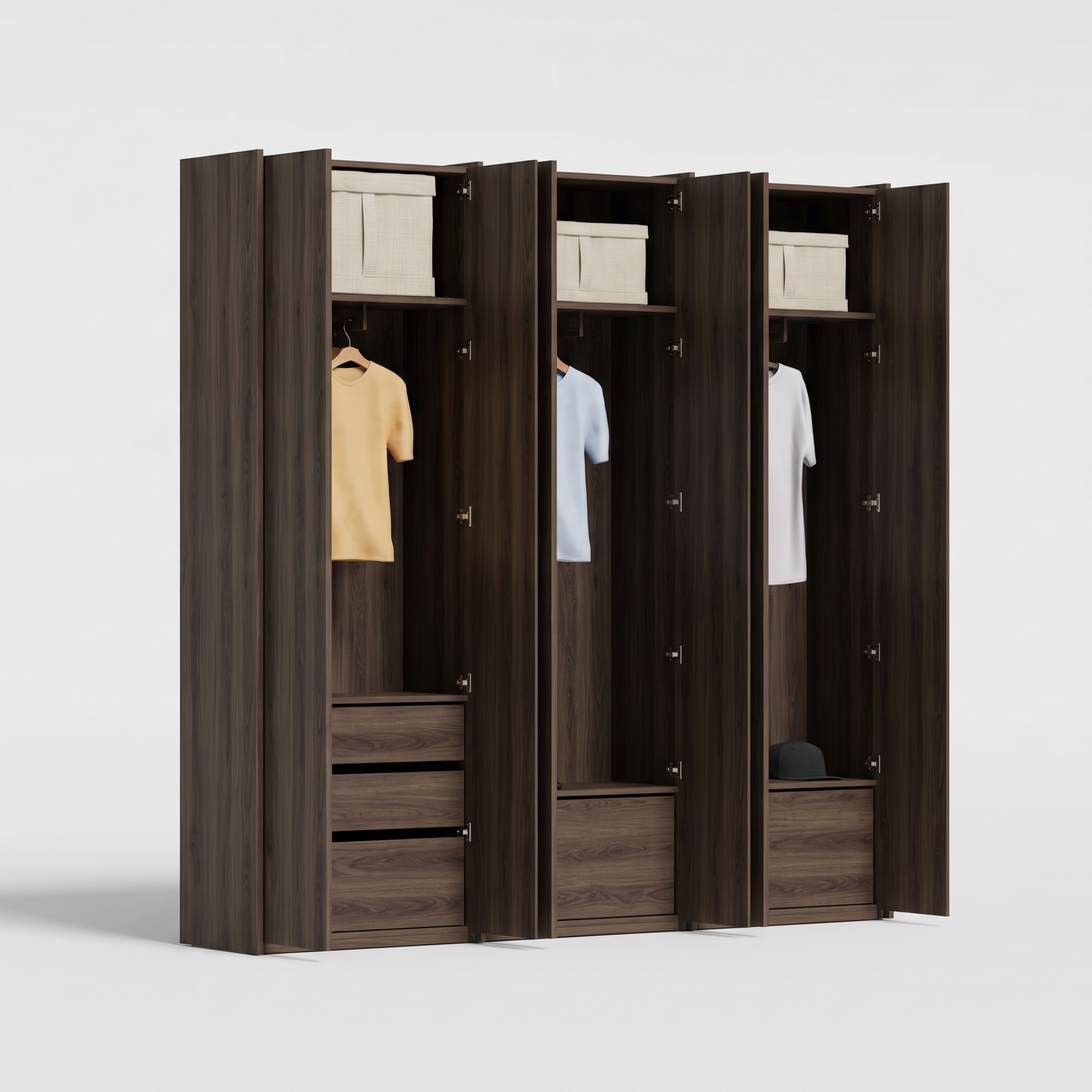 Wardrobe in Smoked Oak three columns — internal drawers and rail