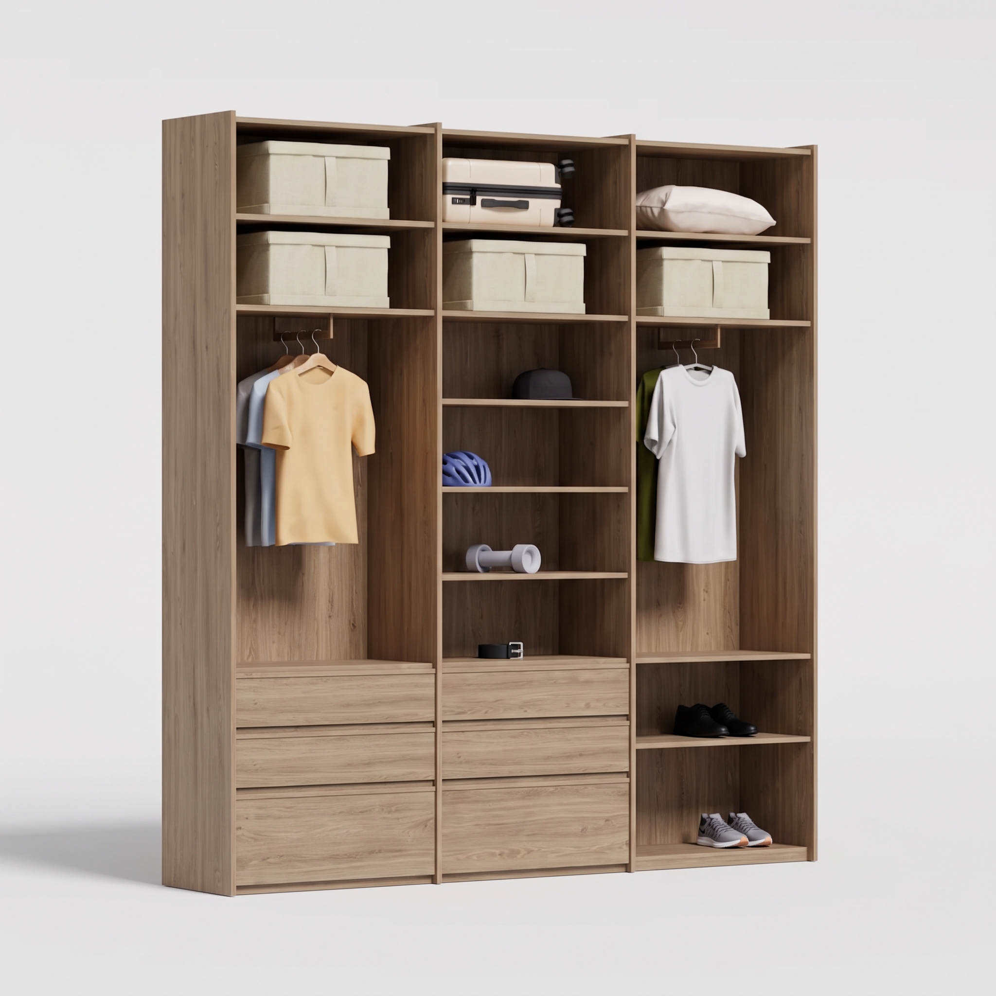 Wardrobe in Truffle Brown Denver Oak, three columns — external drawers and rail