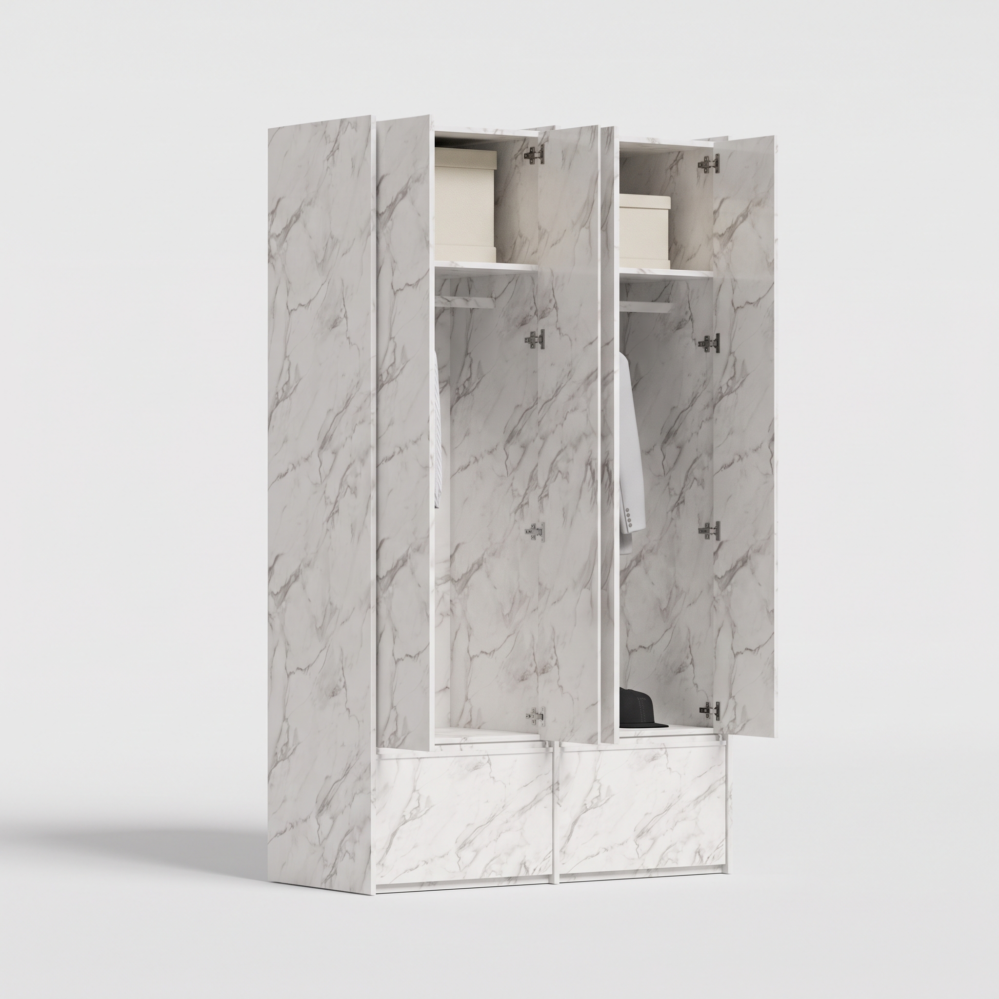 Wardrobe in Crystal Marble, two columns — external drawers and rail