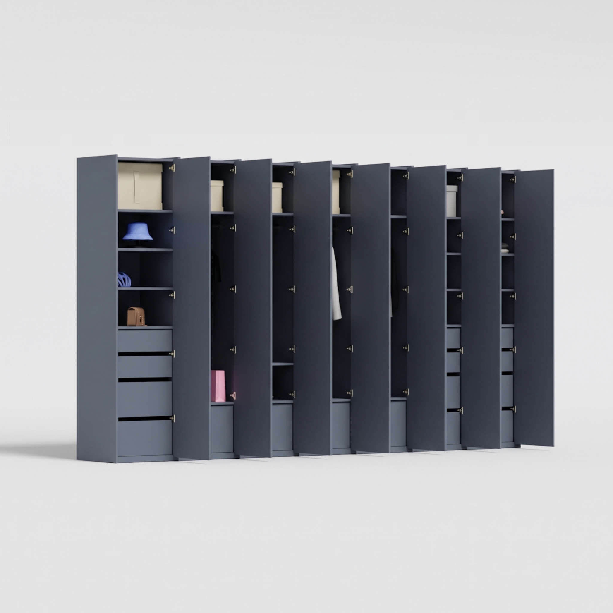 Wardrobe in Monument Grey, six columns — internal drawers and rail