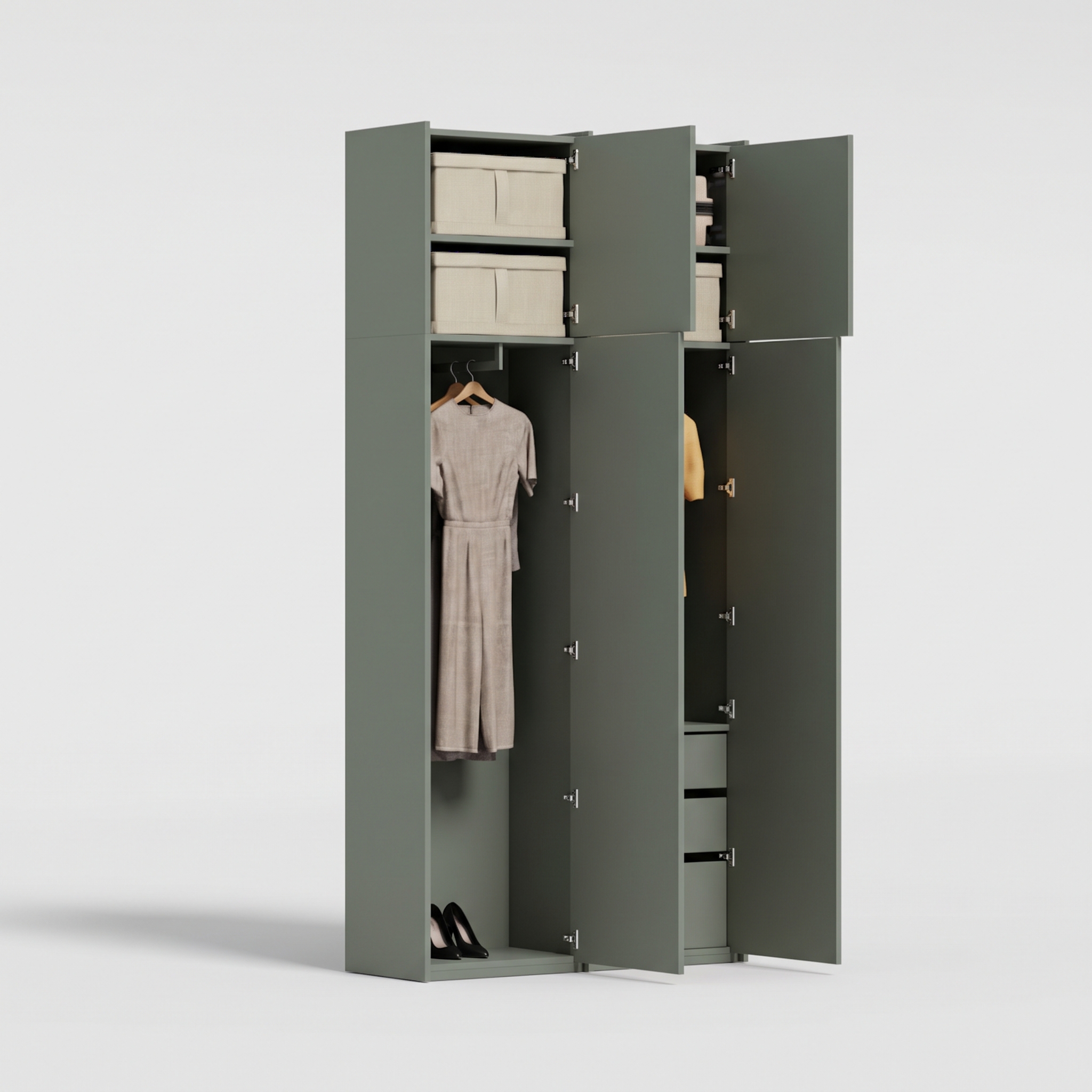 Wardrobe in Reed Green, two columns — internal drawers and rail