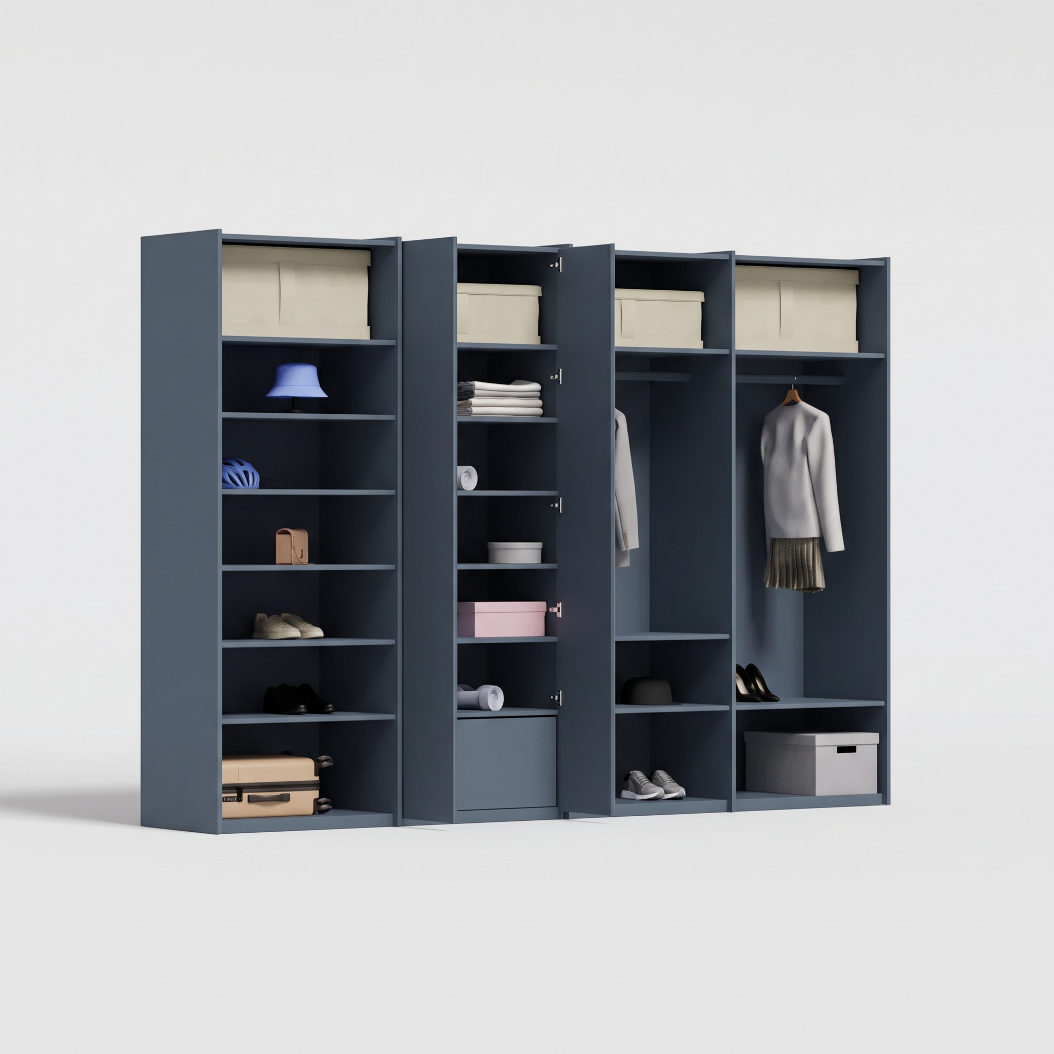 Wardrobe in Baltic Blue, four columns — internal drawers and rail