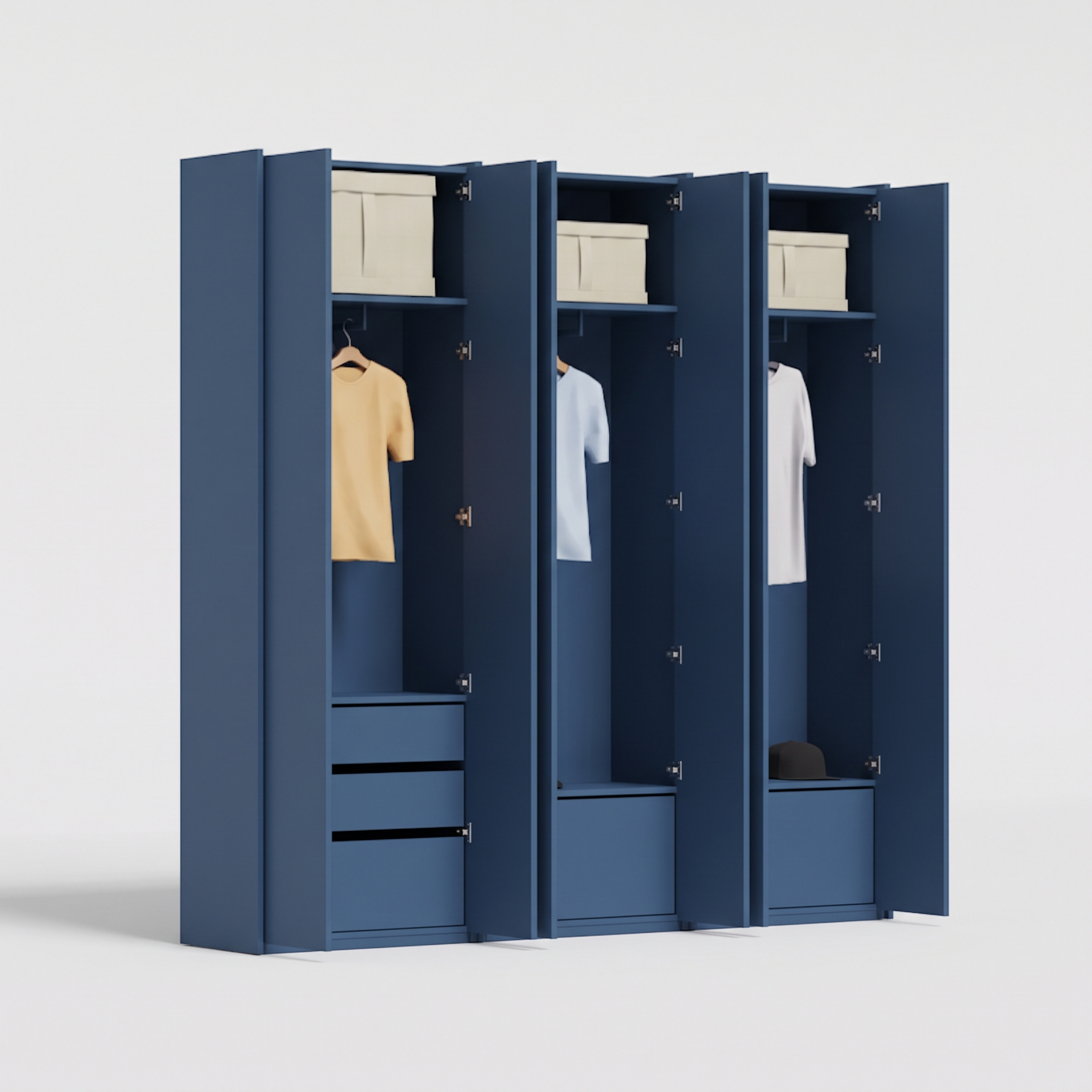 Wardrobe in Tryolean Blue, three columns — internal drawers and rail