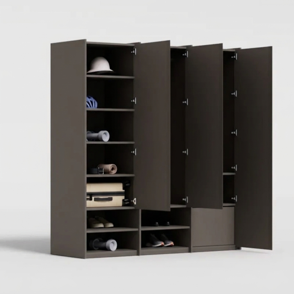 Wardrobe in Lava Grey, four columns — internal drawers and rail