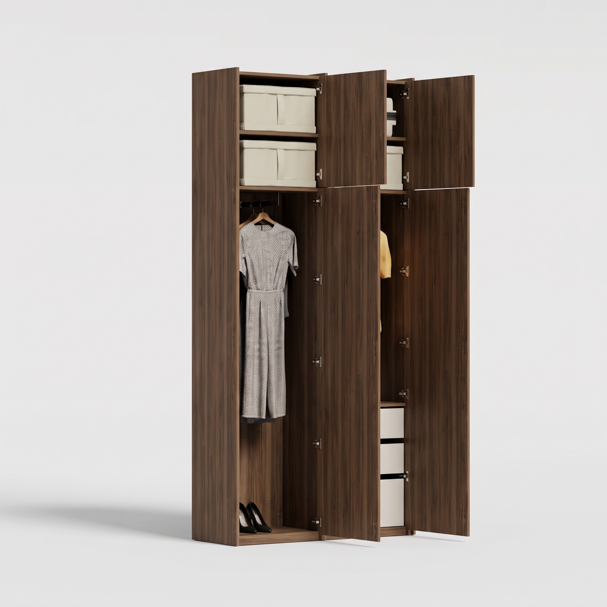 Wardrobe in Tobacco Pacific Walnut, two columns — internal drawers and rail