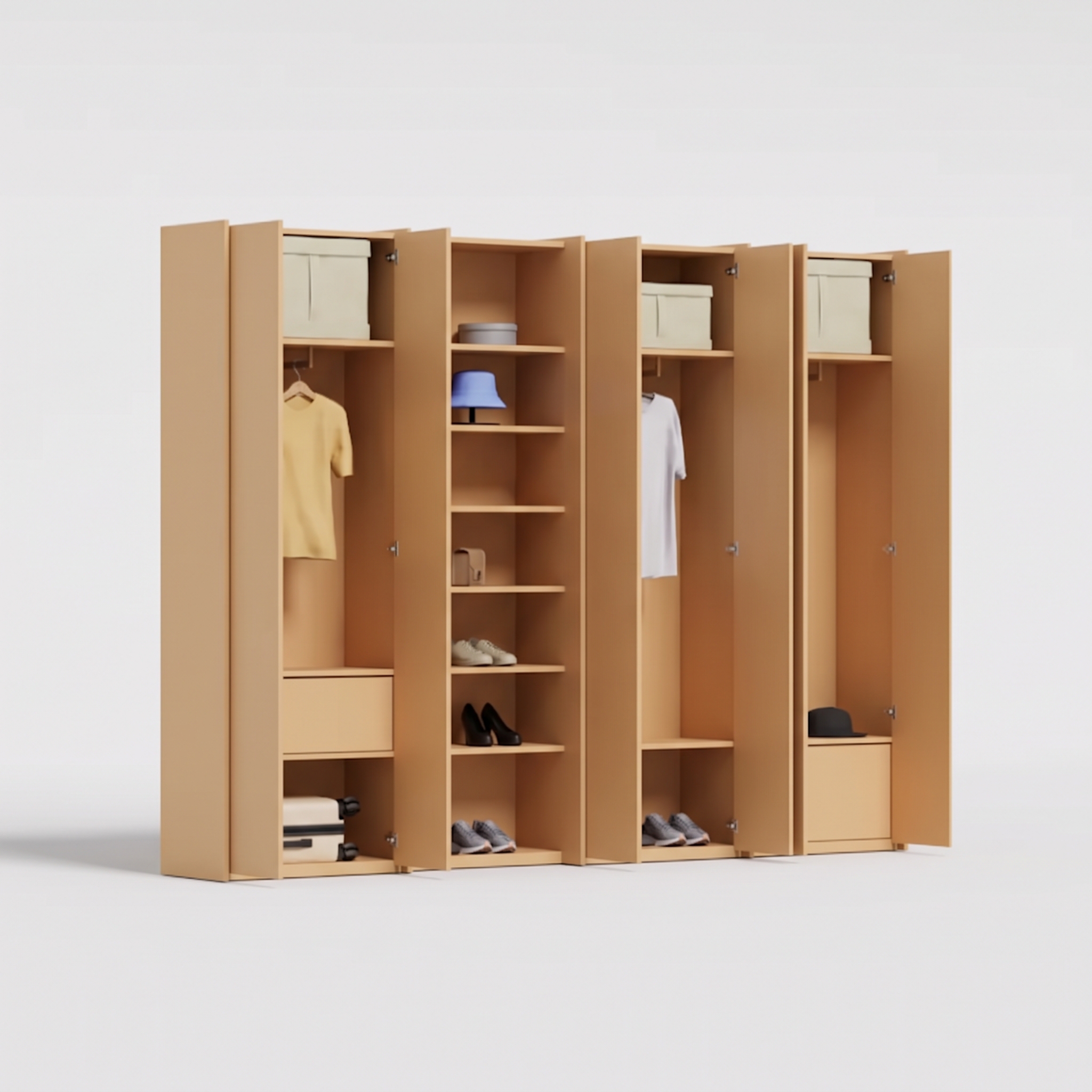 Wardrobe in Sand Yellow, four columns — internal drawers and rail